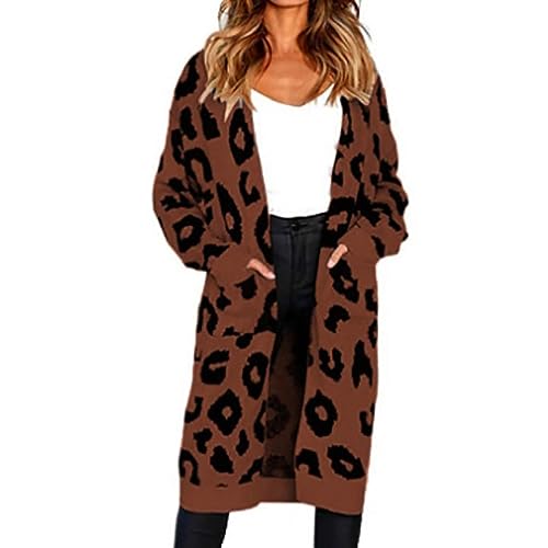boseucn Strickjacke Damen, Damen Strickjacke Lang Cardigan Leopardenmuster Oversize Casual Elegant Strickpullover Herbst Winter Outwear Open Front Langarm Pullover Sweatshirt Jacke Mäntel von boseucn