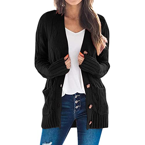 boseucn Strickjacke Damen Lang, Strickjacke Damen Zopfmuster Oversized Grobstrick Winter Cardigan mit Knöpfe V-Ausschnitt Strickmantel Strickjacke Damen Grobstrick Zopfmuster Winter Oversized von boseucn