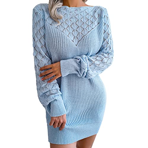 boseucn Strickkleider Damen Winter Lang, Damen Strickpullover Pulloverkleid Damen Kleider Elegant Strickkleid Rundhals Langarm Farbblock Patchwork Tunika Kleid Minikleid Herbst Slim Strickpullover von boseucn