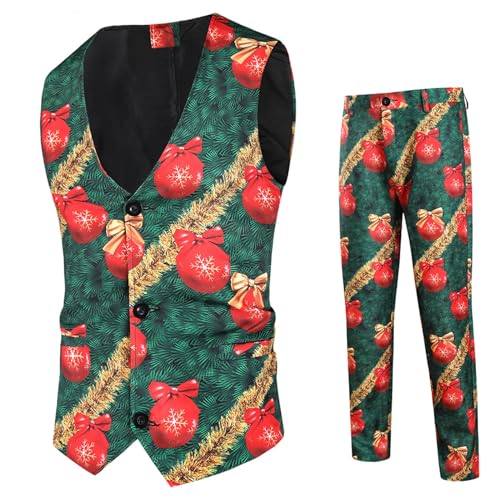 boseucn Weihnachten Anzug Herren, Weihnachtsanzug Herren Weste Anzughose 2 Teilig Set Weihnachtsanzüge Lustig 3D Weihnachten Muster Partyanzug Slim Fit Business Weste Festlich Christmas Anzüge Set von boseucn