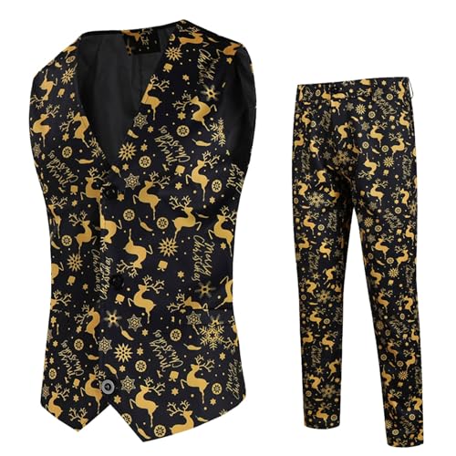 boseucn Weihnachten Anzug Herren, Weihnachtsanzug Herren Weste Anzughose 2 Teilig Set Weihnachtsanzüge Lustig 3D Weihnachten Muster Partyanzug Slim Fit Business Weste Festlich Christmas Anzüge Set von boseucn