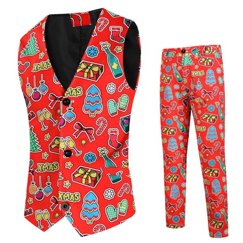 boseucn Weihnachten Anzug Herren, Weihnachtsanzug Herren Weste Anzughose 2 Teilig Set Weihnachtsanzüge Lustig 3D Weihnachten Muster Partyanzug Slim Fit Business Weste Festlich Christmas Anzüge Set von boseucn
