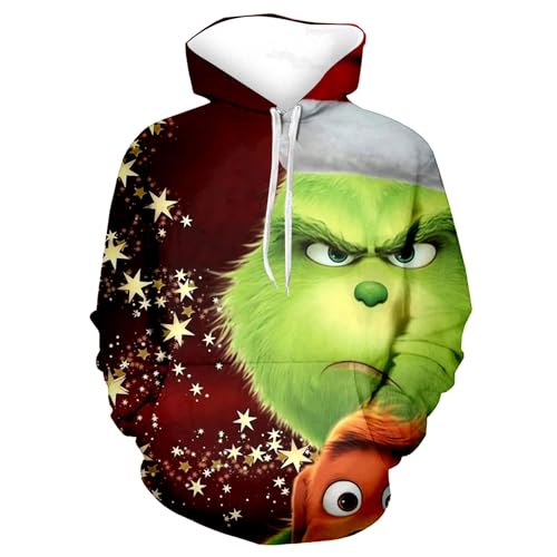 boseucn Weihnachten Kapuzenpullover Damen Grinch Grün Kordelzug Hoodie Ugly 3D Lustig Drucken Langarm Pullover Sweatshirt mit Kapuze Winter Oversize Tops Festlich Kapuzenpulli Streetwear Sweatjacke von boseucn