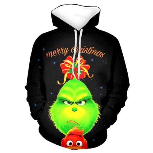 boseucn Weihnachten Kapuzenpullover Damen Grinch Grün Kordelzug Hoodie Ugly 3D Lustig Drucken Langarm Pullover Sweatshirt mit Kapuze Winter Oversize Tops Festlich Kapuzenpulli Streetwear Sweatjacke von boseucn