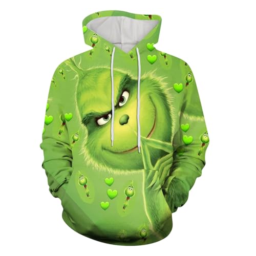 boseucn Weihnachten Kapuzenpullover Damen Grinch Grün Kordelzug Hoodie Ugly 3D Lustig Drucken Langarm Pullover Sweatshirt mit Kapuze Winter Oversize Tops Festlich Kapuzenpulli Streetwear Sweatjacke von boseucn