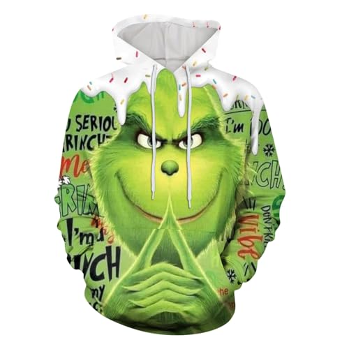 boseucn Weihnachten Kapuzenpullover Damen Grinch Grün Kordelzug Hoodie Ugly 3D Lustig Drucken Langarm Pullover Sweatshirt mit Kapuze Winter Oversize Tops Festlich Kapuzenpulli Streetwear Sweatjacke von boseucn