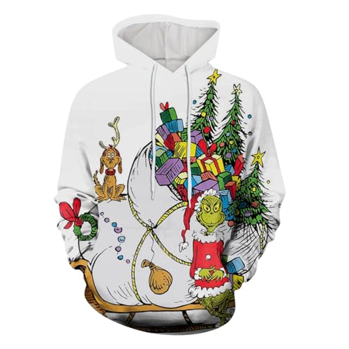 boseucn Weihnachten Kapuzenpullover Damen Grinch Grün Kordelzug Hoodie Ugly 3D Lustig Drucken Langarm Pullover Sweatshirt mit Kapuze Winter Oversize Tops Festlich Kapuzenpulli Streetwear Sweatjacke von boseucn