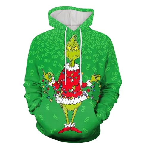 boseucn Weihnachten Kapuzenpullover Damen Grinch Grün Kordelzug Hoodie Ugly 3D Lustig Drucken Langarm Pullover Sweatshirt mit Kapuze Winter Oversize Tops Festlich Kapuzenpulli Streetwear Sweatjacke von boseucn