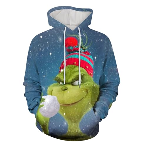 boseucn Weihnachten Kapuzenpullover Damen Grinch Grün Kordelzug Hoodie Ugly 3D Lustig Drucken Langarm Pullover Sweatshirt mit Kapuze Winter Oversize Tops Festlich Kapuzenpulli Streetwear Sweatjacke von boseucn