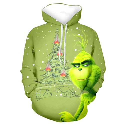 boseucn Weihnachten Kapuzenpullover Damen Grinch Grün Kordelzug Hoodie Ugly 3D Lustig Drucken Langarm Pullover Sweatshirt mit Kapuze Winter Oversize Tops Festlich Kapuzenpulli Streetwear Sweatjacke von boseucn