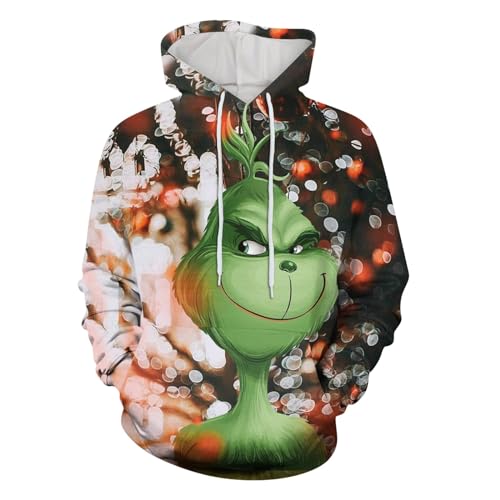 boseucn Weihnachten Kapuzenpullover Damen Grinch Grün Kordelzug Hoodie Ugly 3D Lustig Drucken Langarm Pullover Sweatshirt mit Kapuze Winter Oversize Tops Festlich Kapuzenpulli Streetwear Sweatjacke von boseucn