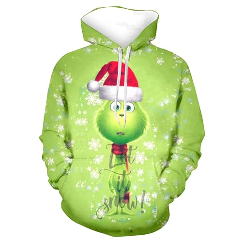 boseucn Weihnachten Kapuzenpullover Damen Grinch Grün Kordelzug Hoodie Ugly 3D Lustig Drucken Langarm Pullover Sweatshirt mit Kapuze Winter Oversize Tops Festlich Kapuzenpulli Streetwear Sweatjacke von boseucn