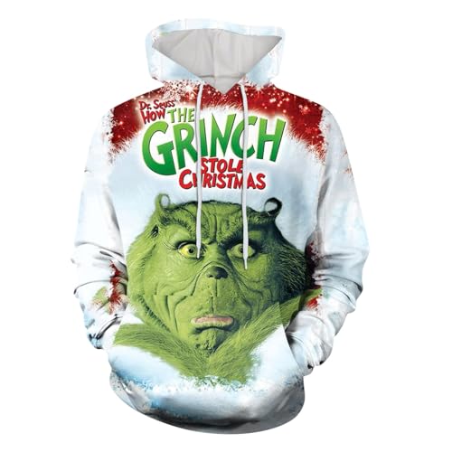 boseucn Weihnachten Kapuzenpullover Damen Grinch Grün Kordelzug Hoodie Ugly 3D Lustig Drucken Langarm Pullover Sweatshirt mit Kapuze Winter Oversize Tops Festlich Kapuzenpulli Streetwear Sweatjacke von boseucn