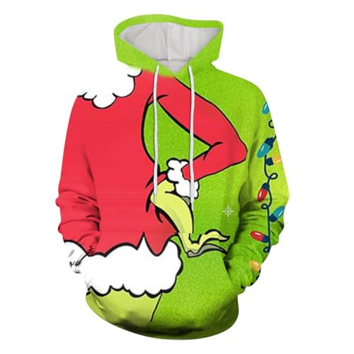 boseucn Weihnachten Kapuzenpullover Damen Grinch Grün Kordelzug Hoodie Ugly 3D Lustig Drucken Langarm Pullover Sweatshirt mit Kapuze Winter Oversize Tops Festlich Kapuzenpulli Streetwear Sweatjacke von boseucn