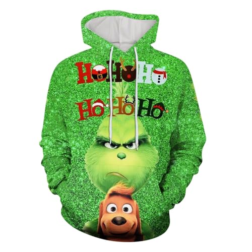 boseucn Weihnachten Kapuzenpullover Damen Grinch Grün Kordelzug Hoodie Ugly 3D Lustig Drucken Langarm Pullover Sweatshirt mit Kapuze Winter Oversize Tops Festlich Kapuzenpulli Streetwear Sweatjacke von boseucn