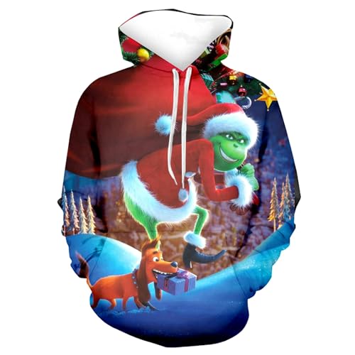 boseucn Weihnachten Kapuzenpullover Damen Grinch Grün Kordelzug Hoodie Ugly 3D Lustig Drucken Langarm Pullover Sweatshirt mit Kapuze Winter Oversize Tops Festlich Kapuzenpulli Streetwear Sweatjacke von boseucn