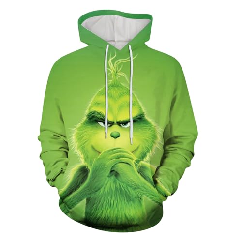 boseucn Weihnachten Kapuzenpullover Damen Grinch Grün Kordelzug Hoodie Ugly 3D Lustig Drucken Langarm Pullover Sweatshirt mit Kapuze Winter Oversize Tops Festlich Kapuzenpulli Streetwear Sweatjacke von boseucn