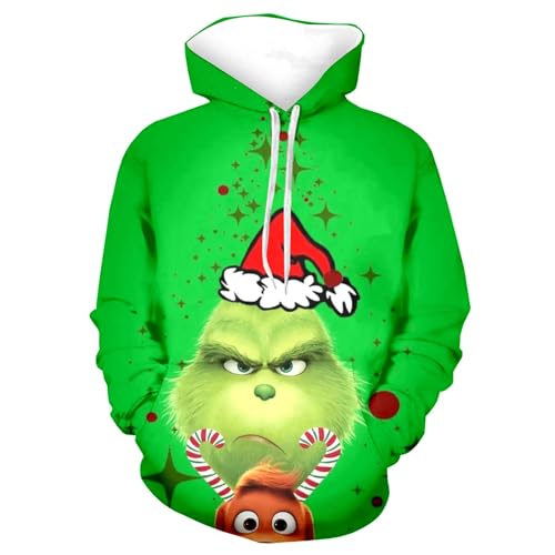 boseucn Weihnachten Kapuzenpullover Damen Grinch Grün Kordelzug Hoodie Ugly 3D Lustig Drucken Langarm Pullover Sweatshirt mit Kapuze Winter Oversize Tops Festlich Kapuzenpulli Streetwear Sweatjacke von boseucn