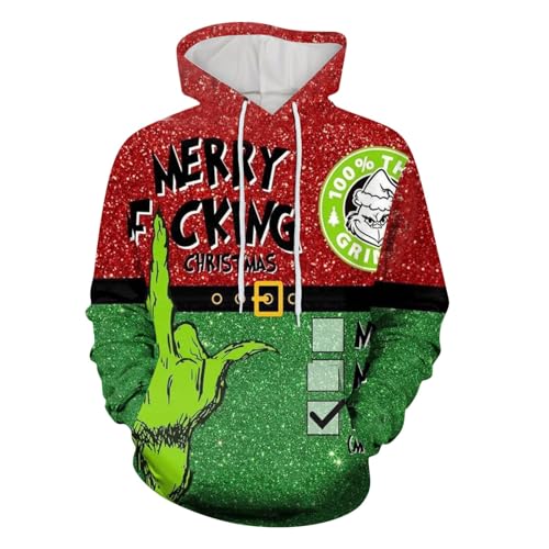 boseucn Weihnachten Kapuzenpullover Damen Grinch Grün Kordelzug Hoodie Ugly 3D Lustig Drucken Langarm Pullover Sweatshirt mit Kapuze Winter Oversize Tops Festlich Kapuzenpulli Streetwear Sweatjacke von boseucn