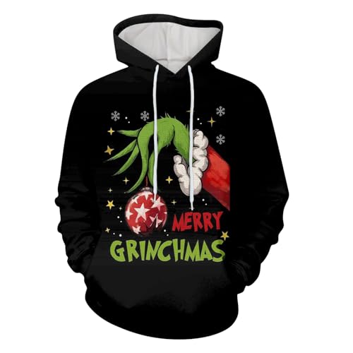 boseucn Weihnachten Kapuzenpullover Damen Grinch Grün Kordelzug Hoodie Ugly 3D Lustig Drucken Langarm Pullover Sweatshirt mit Kapuze Winter Oversize Tops Festlich Kapuzenpulli Streetwear Sweatjacke von boseucn