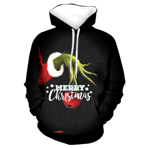 boseucn Weihnachten Kapuzenpullover Damen Grinch Grün Kordelzug Hoodie Ugly 3D Lustig Drucken Langarm Pullover Sweatshirt mit Kapuze Winter Oversize Tops Festlich Kapuzenpulli Streetwear Sweatjacke von boseucn