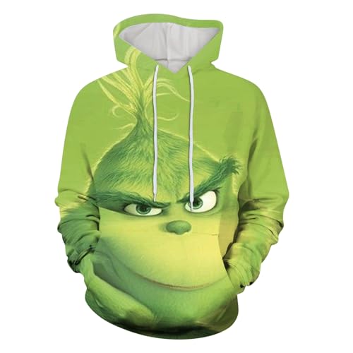 boseucn Weihnachten Kapuzenpullover Damen Grinch Grün Kordelzug Hoodie Ugly 3D Lustig Drucken Langarm Pullover Sweatshirt mit Kapuze Winter Oversize Tops Festlich Kapuzenpulli Streetwear Sweatjacke von boseucn
