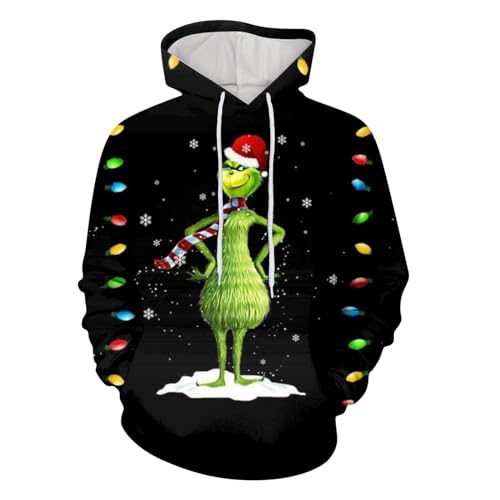 boseucn Weihnachten Kapuzenpullover Damen Grinch Grün Kordelzug Hoodie Ugly 3D Lustig Drucken Langarm Pullover Sweatshirt mit Kapuze Winter Oversize Tops Festlich Kapuzenpulli Streetwear Sweatjacke von boseucn