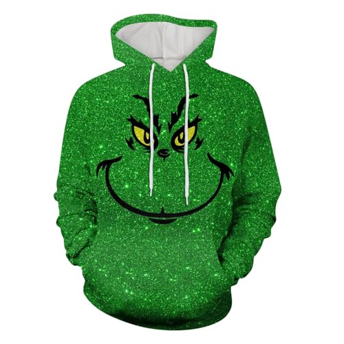 boseucn Weihnachten Kapuzenpullover Damen Grinch Grün Kordelzug Hoodie Ugly 3D Lustig Drucken Langarm Pullover Sweatshirt mit Kapuze Winter Oversize Tops Festlich Kapuzenpulli Streetwear Sweatjacke von boseucn