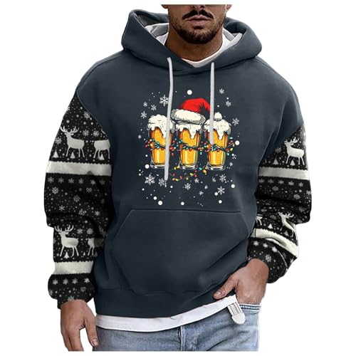 boseucn Weihnachtspullover Herren, Kapuzenpullover Herren Weihnachten Bier Rentier Muster Patchwork Hoodie Sweatshirts mit Kordelzug Taschen Männer Festlich Kapuzenpulli Oversize Weihnachts Hoody von boseucn