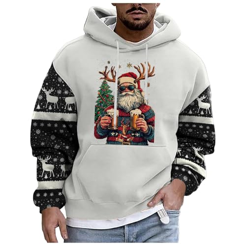 boseucn Weihnachtspullover Herren, Kapuzenpullover Herren Weihnachten Bier Rentier Muster Patchwork Hoodie Sweatshirts mit Kordelzug Taschen Männer Festlich Kapuzenpulli Oversize Weihnachts Hoody von boseucn