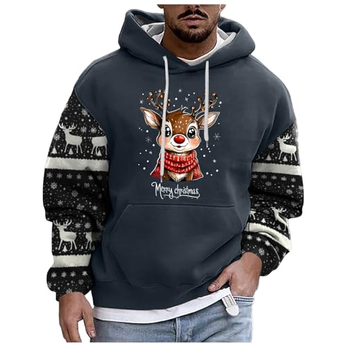 boseucn Weihnachtspullover Herren, Kapuzenpullover Herren Weihnachten Bier Rentier Muster Patchwork Hoodie Sweatshirts mit Kordelzug Taschen Männer Festlich Kapuzenpulli Oversize Weihnachts Hoody von boseucn