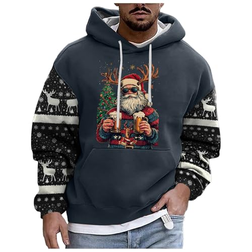 boseucn Weihnachtspullover Herren, Kapuzenpullover Herren Weihnachten Bier Rentier Muster Patchwork Hoodie Sweatshirts mit Kordelzug Taschen Männer Festlich Kapuzenpulli Oversize Weihnachts Hoody von boseucn