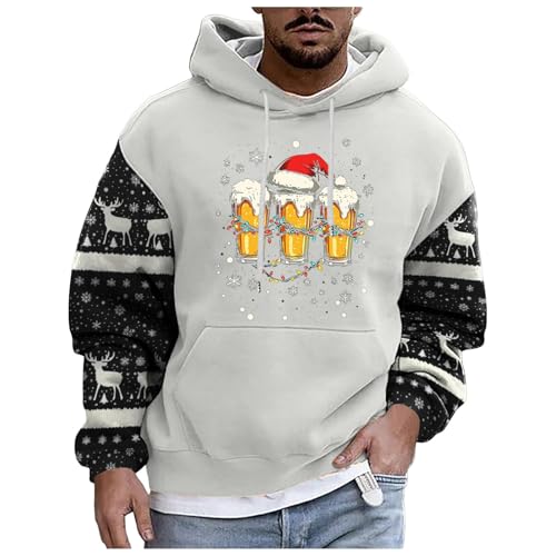 boseucn Weihnachtspullover Herren, Kapuzenpullover Herren Weihnachten Bier Rentier Muster Patchwork Hoodie Sweatshirts mit Kordelzug Taschen Männer Festlich Kapuzenpulli Oversize Weihnachts Hoody von boseucn