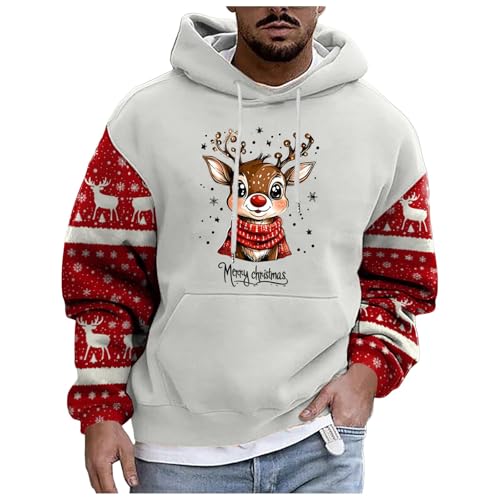 boseucn Weihnachtspullover Herren, Kapuzenpullover Herren Weihnachten Bier Rentier Muster Patchwork Hoodie Sweatshirts mit Kordelzug Taschen Männer Festlich Kapuzenpulli Oversize Weihnachts Hoody von boseucn