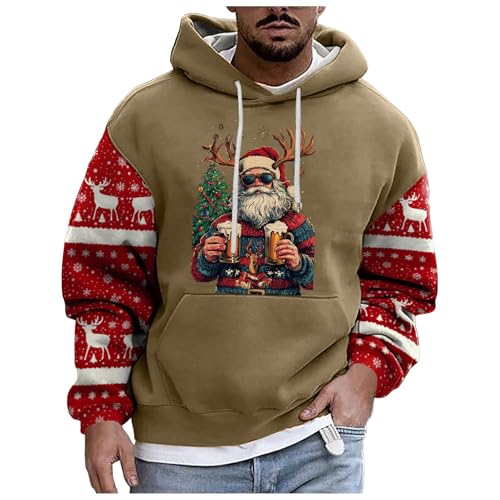 boseucn Weihnachtspullover Herren, Kapuzenpullover Herren Weihnachten Bier Rentier Muster Patchwork Hoodie Sweatshirts mit Kordelzug Taschen Männer Festlich Kapuzenpulli Oversize Weihnachts Hoody von boseucn