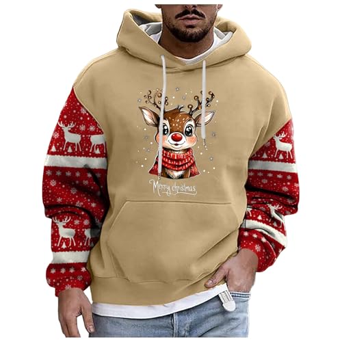 boseucn Weihnachtspullover Herren, Kapuzenpullover Herren Weihnachten Bier Rentier Muster Patchwork Hoodie Sweatshirts mit Kordelzug Taschen Männer Festlich Kapuzenpulli Oversize Weihnachts Hoody von boseucn