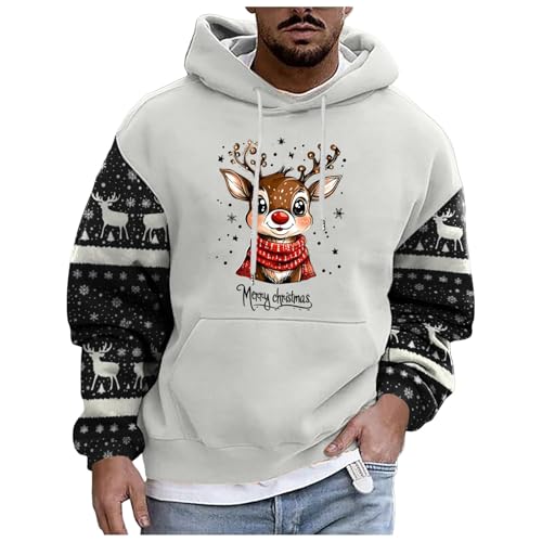 boseucn Weihnachtspullover Herren, Kapuzenpullover Herren Weihnachten Bier Rentier Muster Patchwork Hoodie Sweatshirts mit Kordelzug Taschen Männer Festlich Kapuzenpulli Oversize Weihnachts Hoody von boseucn