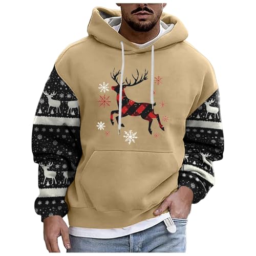 boseucn Weihnachtspullover Herren, Kapuzenpullover Herren Weihnachten Bier Rentier Muster Patchwork Hoodie Sweatshirts mit Kordelzug Taschen Männer Festlich Kapuzenpulli Oversize Weihnachts Hoody von boseucn