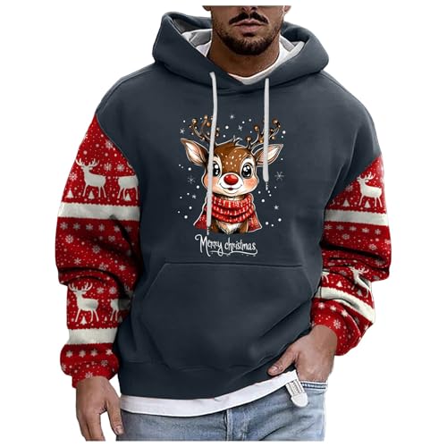 boseucn Weihnachtspullover Herren, Kapuzenpullover Herren Weihnachten Bier Rentier Muster Patchwork Hoodie Sweatshirts mit Kordelzug Taschen Männer Festlich Kapuzenpulli Oversize Weihnachts Hoody von boseucn
