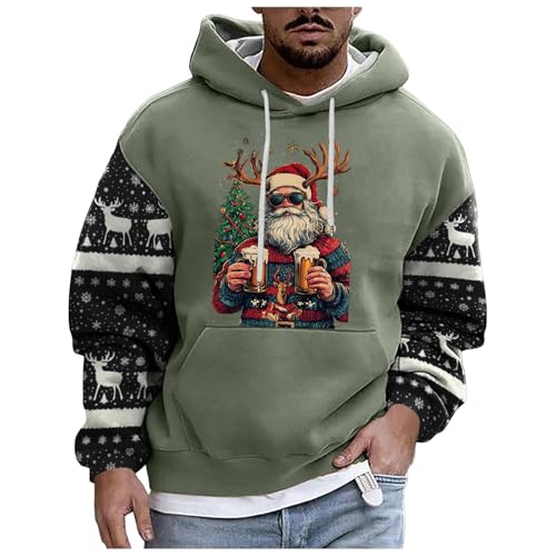 boseucn Weihnachtspullover Herren, Kapuzenpullover Herren Weihnachten Bier Rentier Muster Patchwork Hoodie Sweatshirts mit Kordelzug Taschen Männer Festlich Kapuzenpulli Oversize Weihnachts Hoody von boseucn