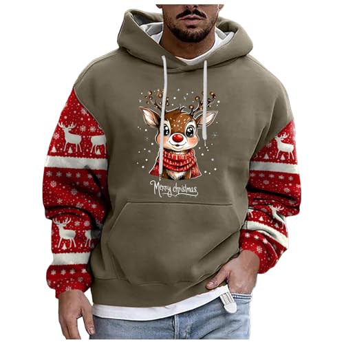 boseucn Weihnachtspullover Herren, Kapuzenpullover Herren Weihnachten Bier Rentier Muster Patchwork Hoodie Sweatshirts mit Kordelzug Taschen Männer Festlich Kapuzenpulli Oversize Weihnachts Hoody von boseucn