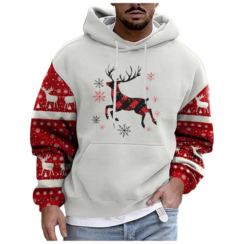 boseucn Weihnachtspullover Herren, Kapuzenpullover Herren Weihnachten Bier Rentier Muster Patchwork Hoodie Sweatshirts mit Kordelzug Taschen Männer Festlich Kapuzenpulli Oversize Weihnachts Hoody von boseucn