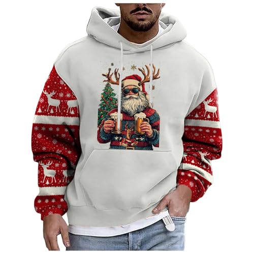 boseucn Weihnachtspullover Herren, Kapuzenpullover Herren Weihnachten Bier Rentier Muster Patchwork Hoodie Sweatshirts mit Kordelzug Taschen Männer Festlich Kapuzenpulli Oversize Weihnachts Hoody von boseucn