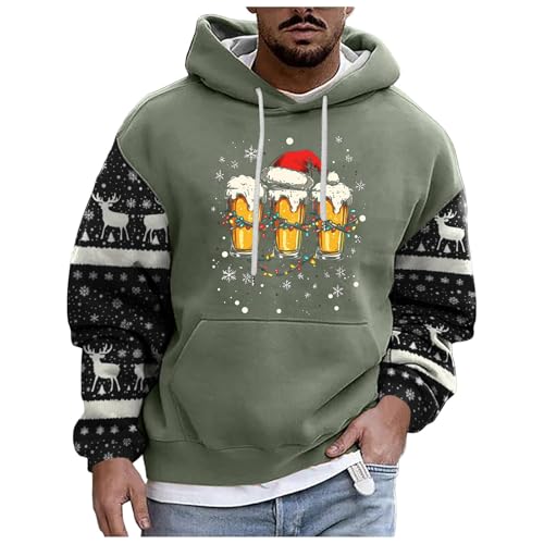boseucn Weihnachtspullover Herren, Kapuzenpullover Herren Weihnachten Bier Rentier Muster Patchwork Hoodie Sweatshirts mit Kordelzug Taschen Männer Festlich Kapuzenpulli Oversize Weihnachts Hoody von boseucn