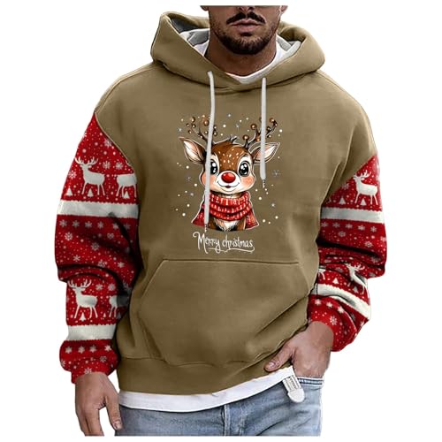 boseucn Weihnachtspullover Herren, Kapuzenpullover Herren Weihnachten Bier Rentier Muster Patchwork Hoodie Sweatshirts mit Kordelzug Taschen Männer Festlich Kapuzenpulli Oversize Weihnachts Hoody von boseucn