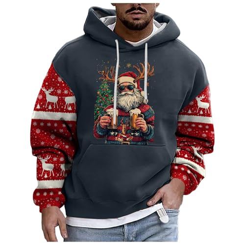 boseucn Weihnachtspullover Herren, Kapuzenpullover Herren Weihnachten Bier Rentier Muster Patchwork Hoodie Sweatshirts mit Kordelzug Taschen Männer Festlich Kapuzenpulli Oversize Weihnachts Hoody von boseucn