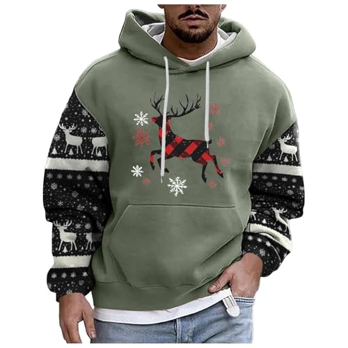 boseucn Weihnachtspullover Herren, Kapuzenpullover Herren Weihnachten Bier Rentier Muster Patchwork Hoodie Sweatshirts mit Kordelzug Taschen Männer Festlich Kapuzenpulli Oversize Weihnachts Hoody von boseucn