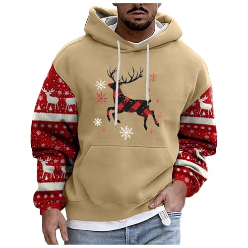 boseucn Weihnachtspullover Herren, Kapuzenpullover Herren Weihnachten Bier Rentier Muster Patchwork Hoodie Sweatshirts mit Kordelzug Taschen Männer Festlich Kapuzenpulli Oversize Weihnachts Hoody von boseucn