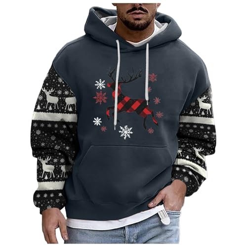 boseucn Weihnachtspullover Herren, Kapuzenpullover Herren Weihnachten Bier Rentier Muster Patchwork Hoodie Sweatshirts mit Kordelzug Taschen Männer Festlich Kapuzenpulli Oversize Weihnachts Hoody von boseucn