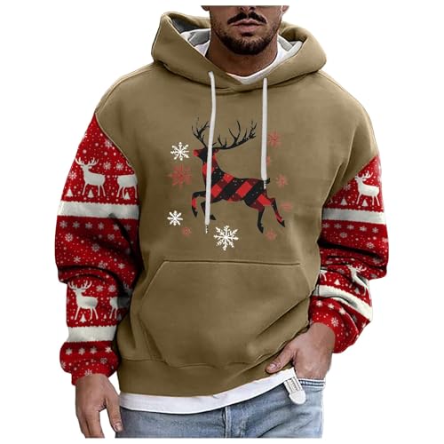 boseucn Weihnachtspullover Herren, Kapuzenpullover Herren Weihnachten Bier Rentier Muster Patchwork Hoodie Sweatshirts mit Kordelzug Taschen Männer Festlich Kapuzenpulli Oversize Weihnachts Hoody von boseucn